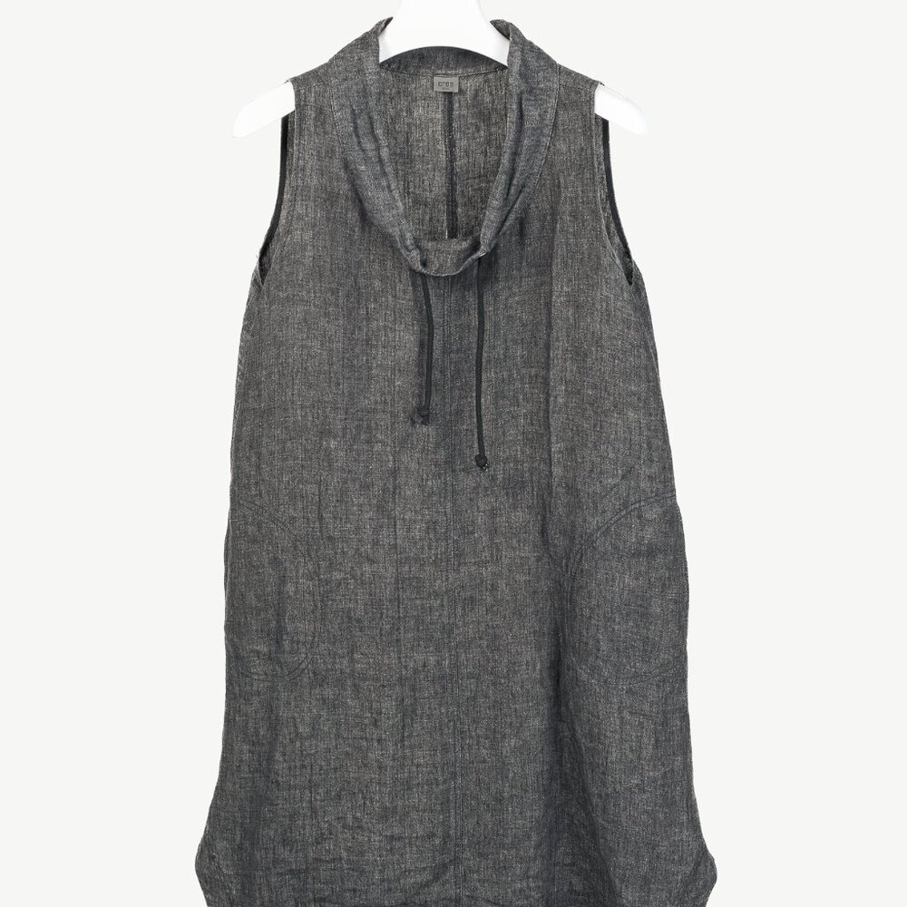 Crea Concept Drawstring Collar & Hem Linen Midi Sleeveless Black Dress